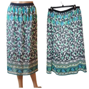 NWT J. Jill Stretch Waist Chiffon Blue Green Leaf Print Midi Skirt Size MP